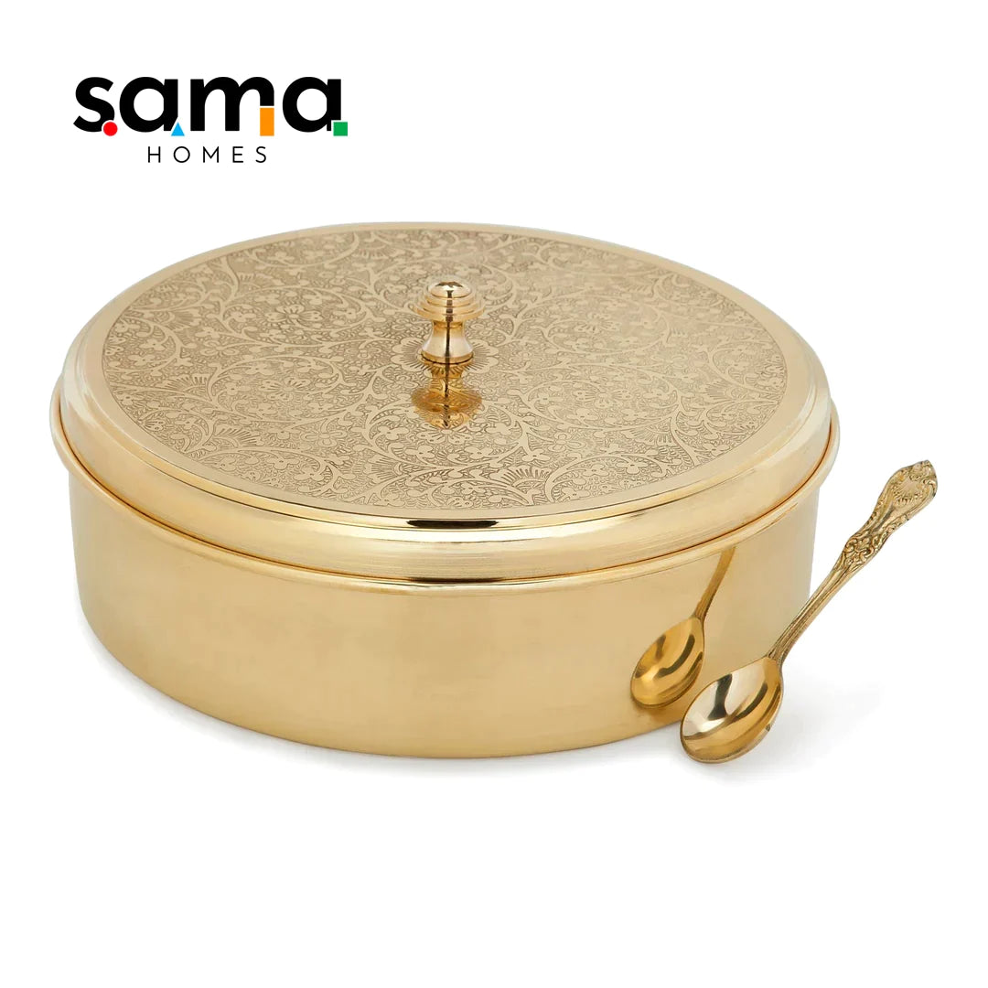Handcrafted Antique Brass Masala Box Set for Kitchen with Spoon (7 Containers, 40 ML) 9" - Sama Homes