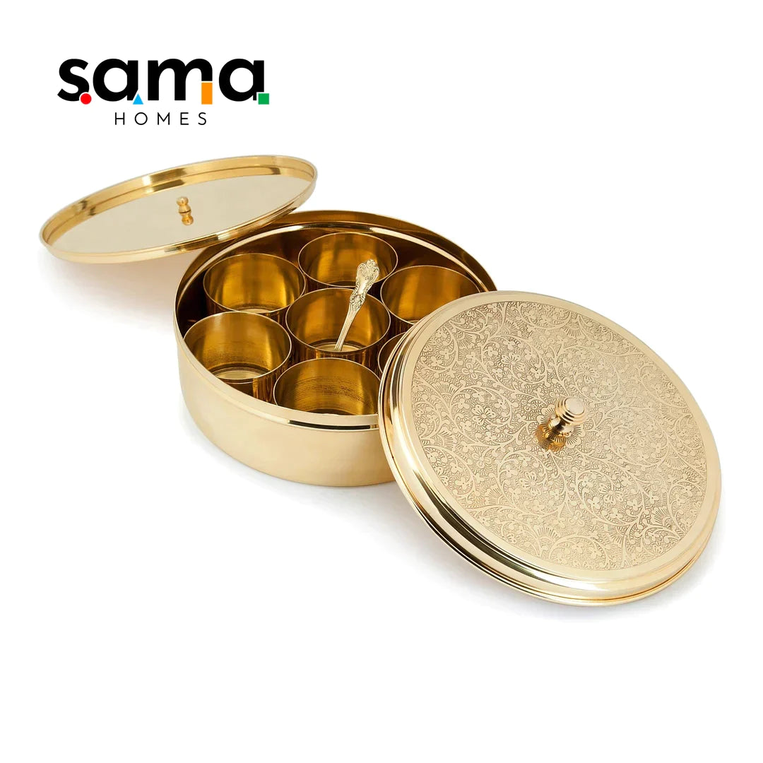 Handcrafted Antique Brass Masala Box Set for Kitchen with Spoon (7 Containers, 40 ML) 9" - Sama Homes