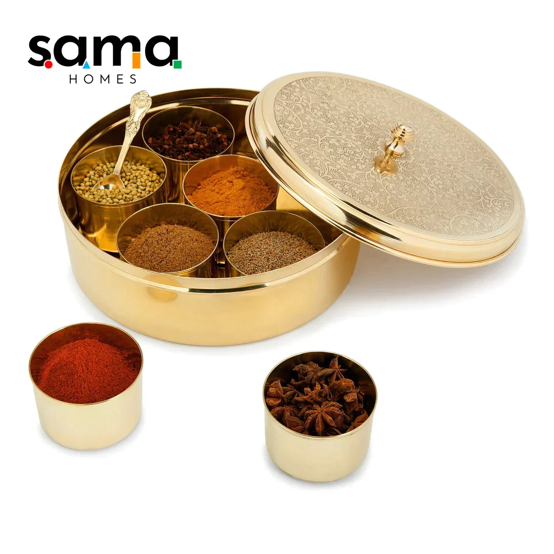 Handcrafted Antique Brass Masala Box Set for Kitchen with Spoon (7 Containers, 40 ML) 9" - Sama Homes