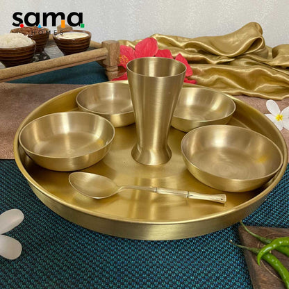 7-Piece Brass Thali Set | Traditional Indian Dining | Gujarati-Style Reusable Dinnerware - Sama Homes