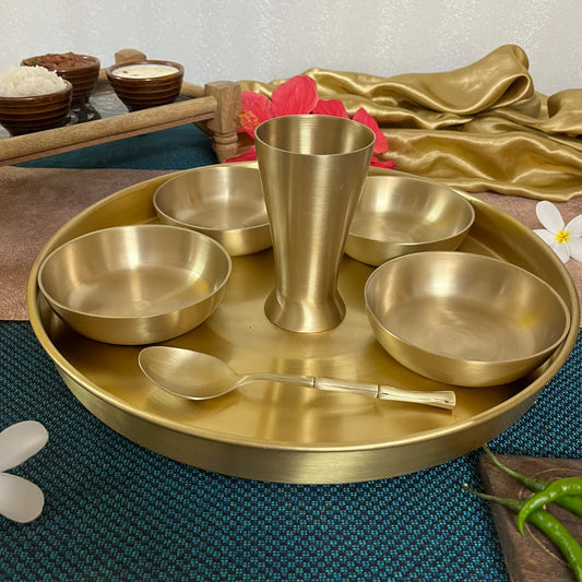 7-Piece Brass Thali Set | Traditional Indian Dining | Gujarati-Style Reusable Dinnerware - Sama Homes