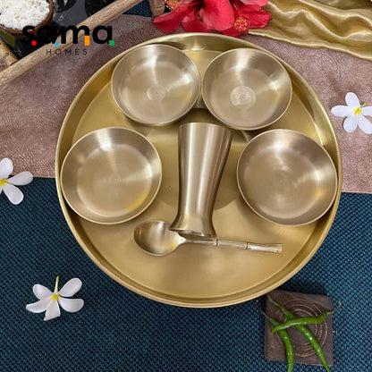 7-Piece Brass Thali Set | Traditional Indian Dining | Gujarati-Style Reusable Dinnerware - Sama Homes