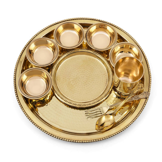 Handcrafted Brass Hammered Dinner Set for 5 | Rustic Farmhouse Tableware | Unique Copper Dinnerware | 10-Piece Set - Sama Homes