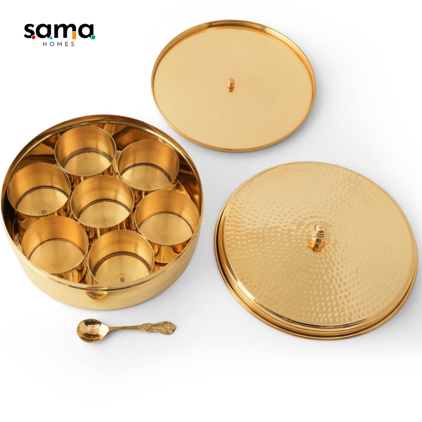 Brass Hammered Spices Box/Masala Box 9" with 7 Compartments - Sama Homes