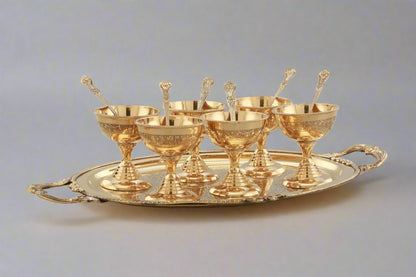 Brass Ice Cream Serving Set | 6 Bowls with Spoon and Serving Plate | Set of 13 Pieces - Sama Homes
