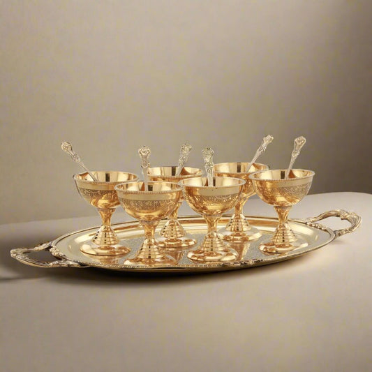Brass Ice Cream Serving Set | 6 Bowls with Spoon and Serving Plate | Set of 13 Pieces - Sama Homes