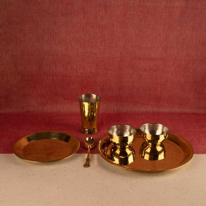 Brass Plate Set - 6 Pieces | Includes Full Plate, Quarter Plate, 2 Bowls, Glass & Spoon | Handcrafted Eco-Friendly Indian Dining Set - Sama Homes