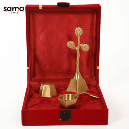 Brass Pooja Set Matte Finish with Velvet Box - Sama Homes