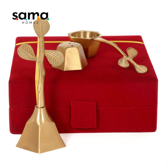 Brass Pooja Set Matte Finish with Velvet Box - Sama Homes