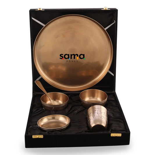 Bronze / Kansa Engraved Dinner Set Matte Finish with Velvet Box - Sama Homes