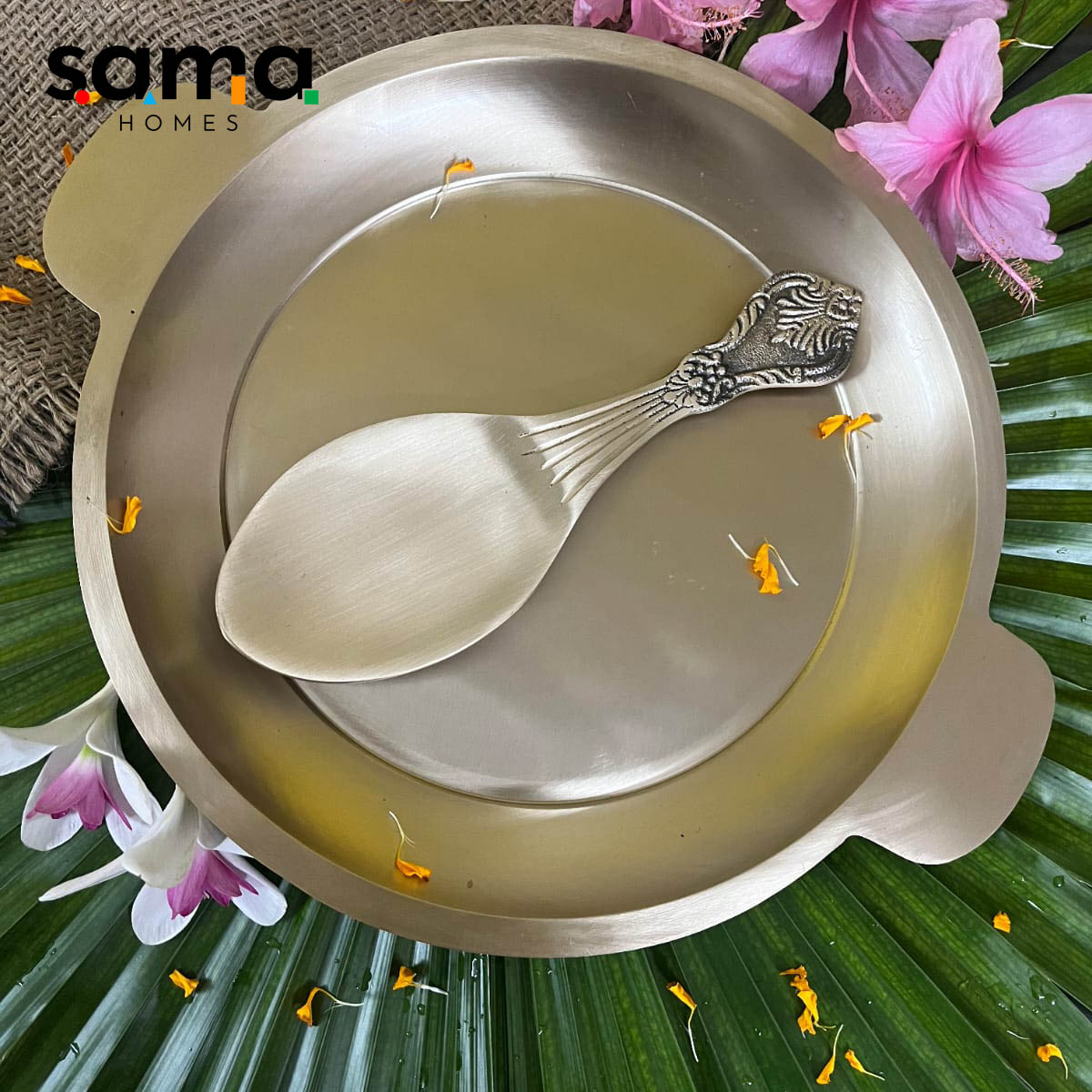 Bronze / Kansa Rice Plate with Rice Serving Spoon - Sama Homes