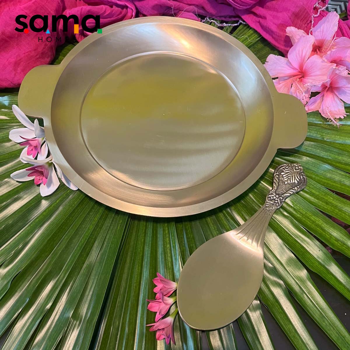 Bronze / Kansa Rice Plate with Rice Serving Spoon - Sama Homes
