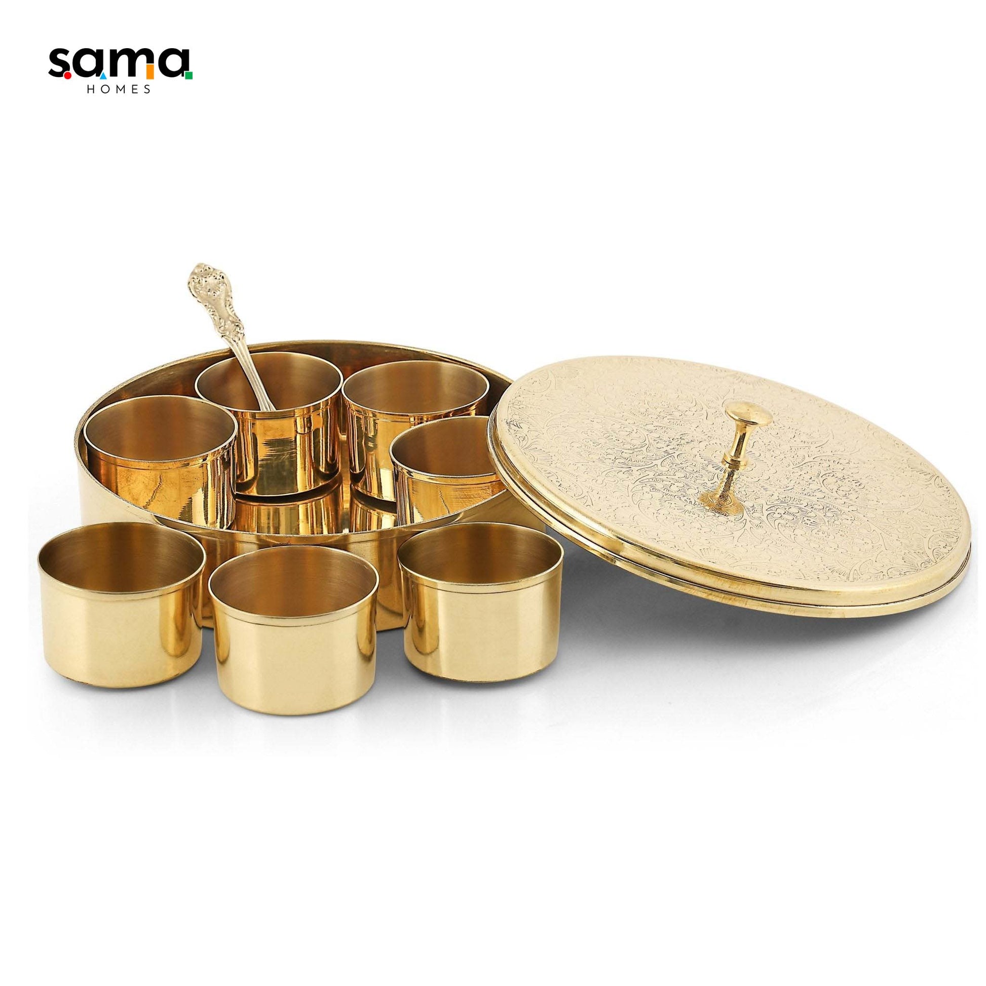 Brass Spice Box / Masala Box 8" Etched Design with 7 Compartments - Sama Homes - Image 2