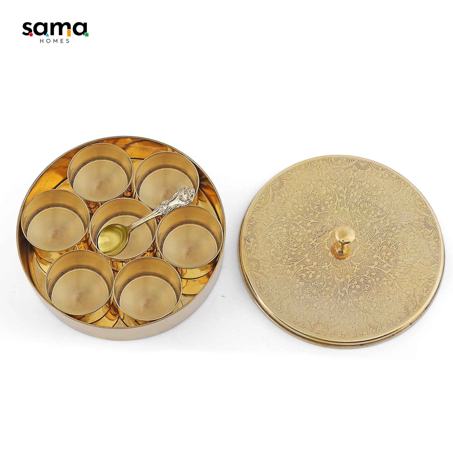 Brass Spice Box / Masala Box 8" Etched Design with 7 Compartments - Sama Homes
