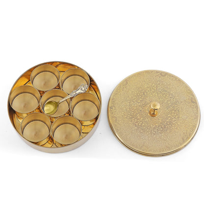 Brass Spice Box / Masala Box 8" Etched Design with 7 Compartments - Sama Homes