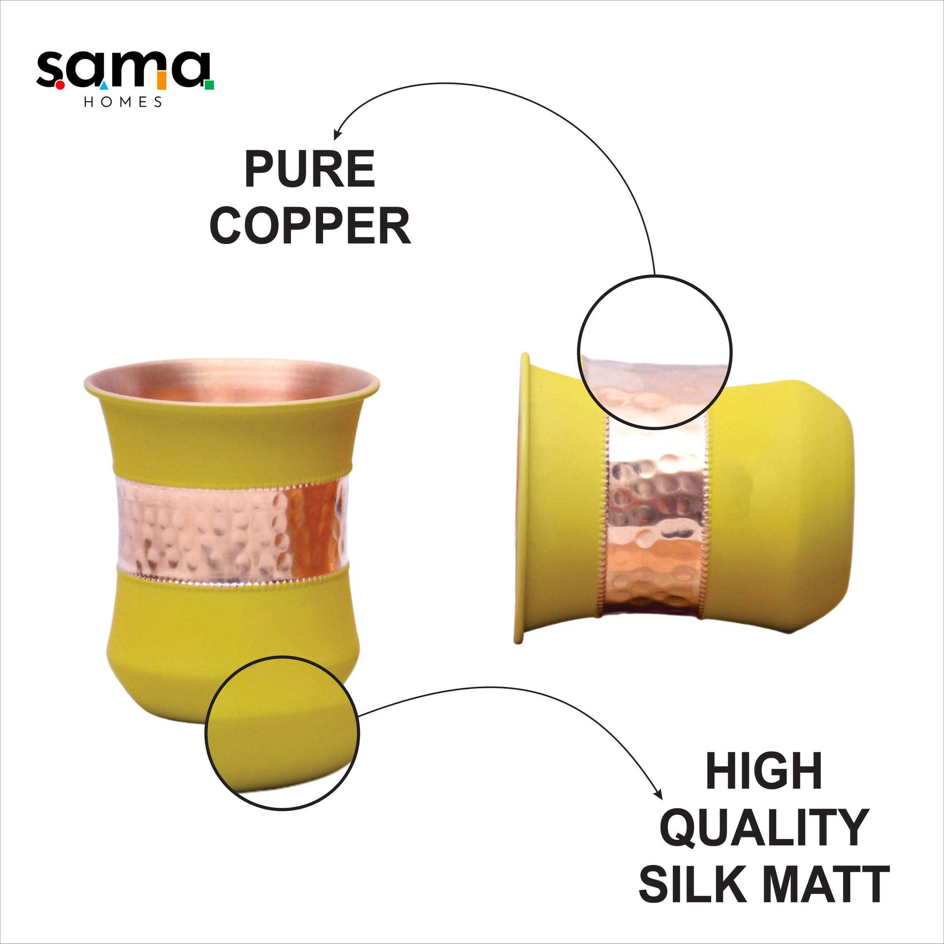 Pure Copper Water Glass Set of 2 Silk Yellow Half Hammered Damru Tumbler Capacity 300ML - Sama Homes