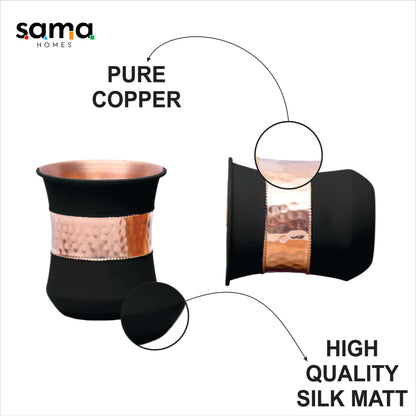 Pure Copper Water Glass Set of 2 Silk Black Half Hammered Damru Tumbler Capacity 300ML - Sama Homes