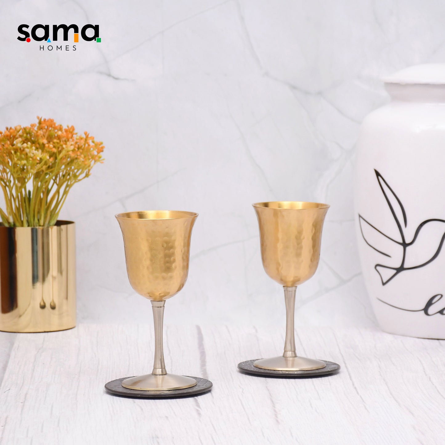 Beautifully Designed Hammered Tulip Set of 2 Vintage Solid brass Sherry/Wine Goblets Barware - Sama Homes