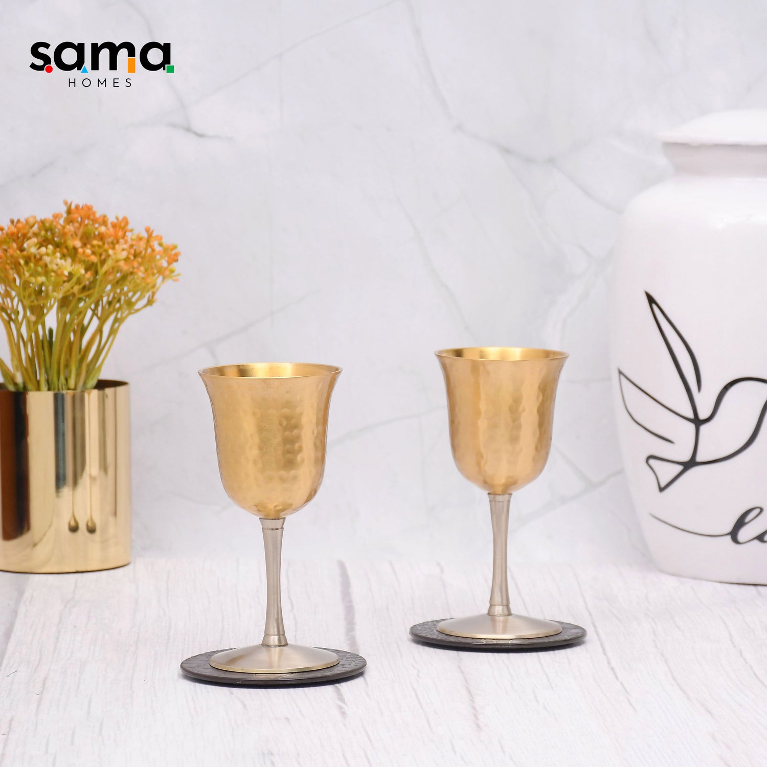 Beautifully Designed Hammered Tulip Set of 2 Vintage Solid brass Sherry/Wine Goblets Barware - Sama Homes