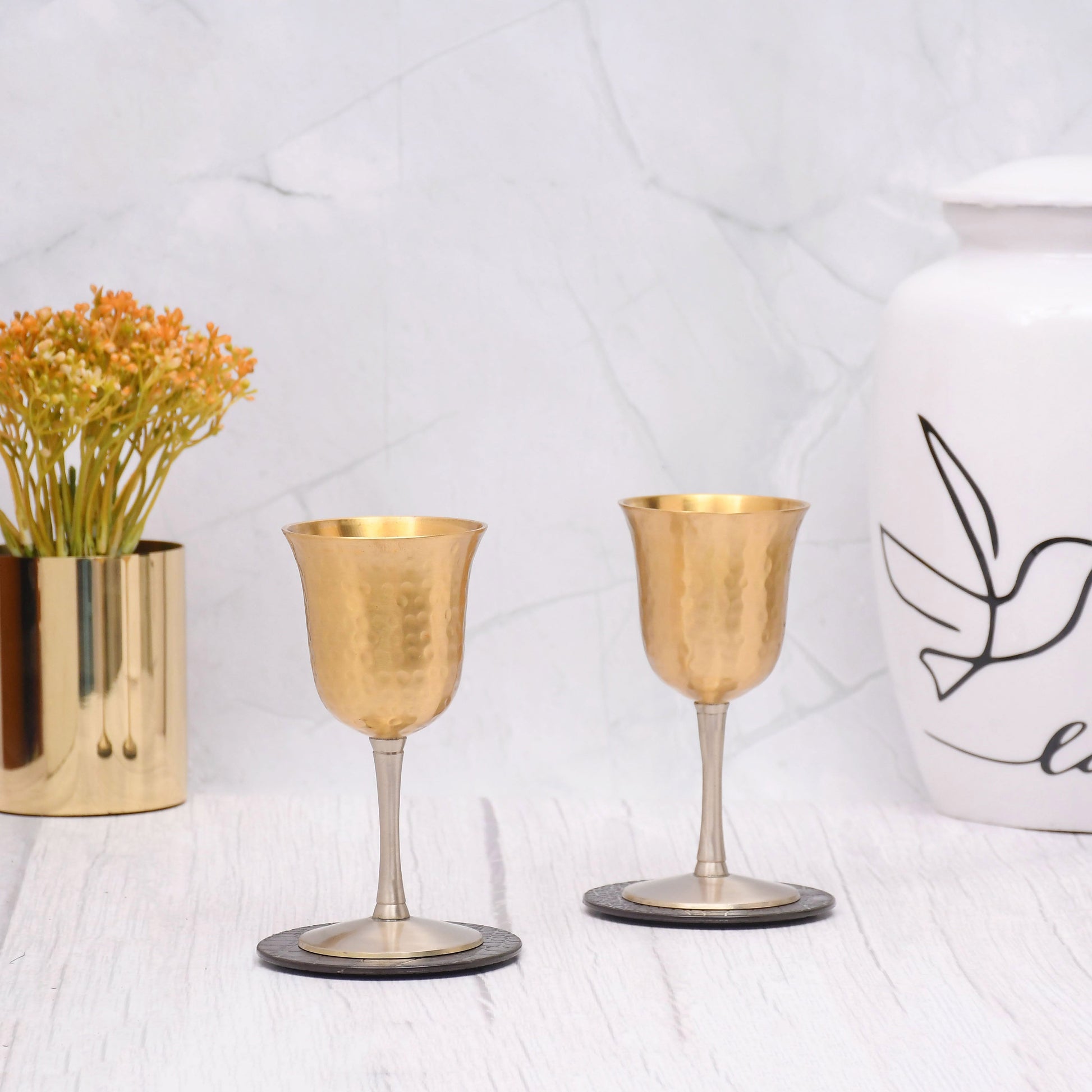 Beautifully Designed Hammered Tulip Set of 2 Vintage Solid brass Sherry/Wine Goblets Barware - Sama Homes - Image 4