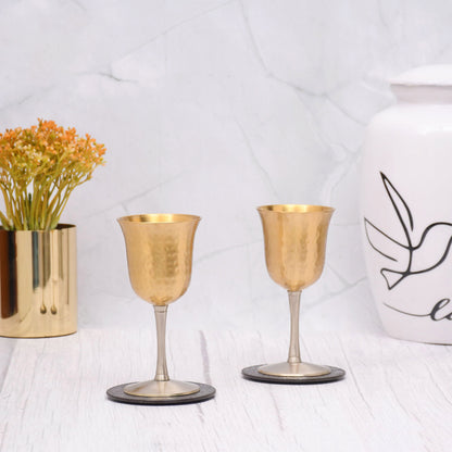 Beautifully Designed Hammered Tulip Set of 2 Vintage Solid brass Sherry/Wine Goblets Barware - Sama Homes