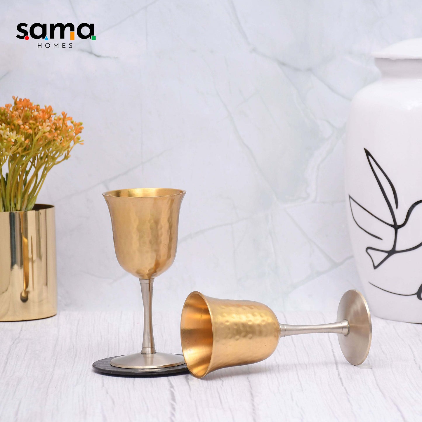 Beautifully Designed Hammered Tulip Set of 2 Vintage Solid brass Sherry/Wine Goblets Barware - Sama Homes