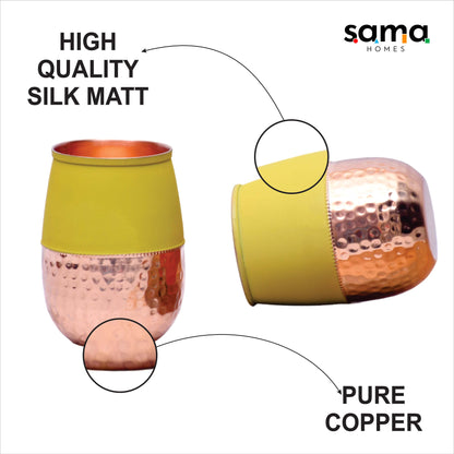 Pure Copper Water Glass Set of 2 Silk Yellow Half Hammered Dholak Tumbler Capacity 250ML - Sama Homes