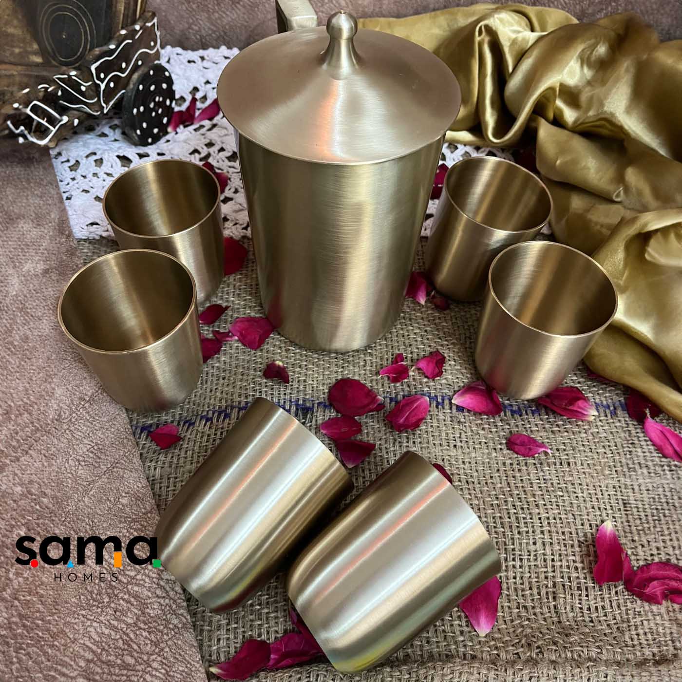 Kansa/Bronze Lemon Set with 6 Glasses & Jug - Sama Homes - Image 2