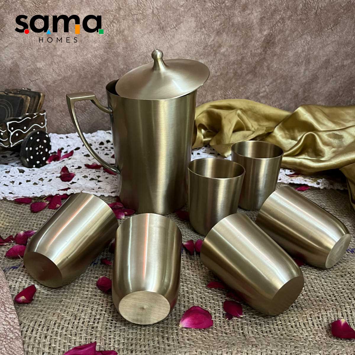 Kansa/Bronze Lemon Set with 6 Glasses & Jug - Sama Homes