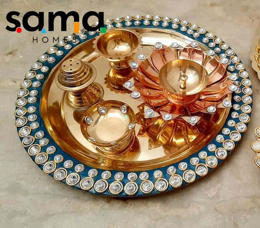 Exclusive Blue Meenakari Crystal Pooja Thali Set of 5 - Sama Homes