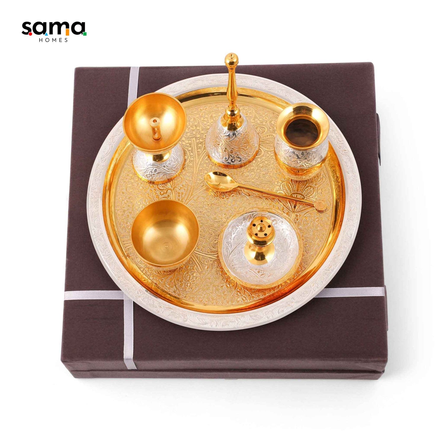Two Tone Polish Brass Pooja Set with Velvet Box - Sama Homes