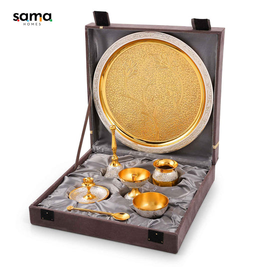 Two Tone Polish Brass Pooja Set with Velvet Box - Sama Homes