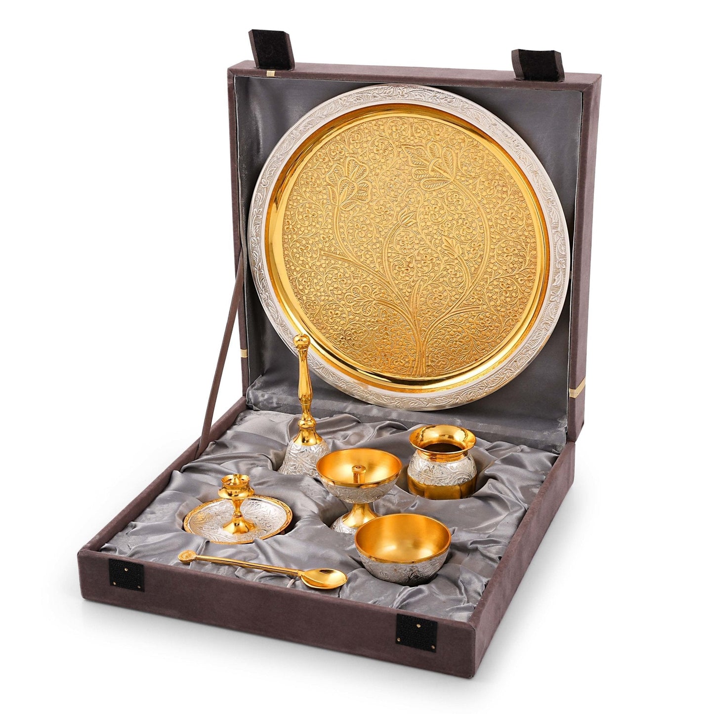 Two Tone Polish Brass Pooja Set with Velvet Box - Sama Homes