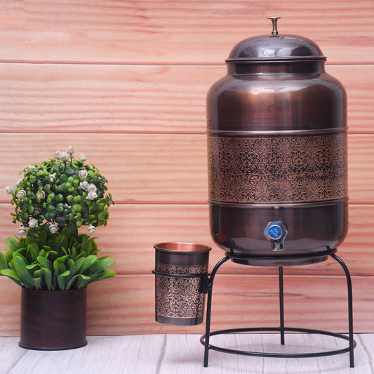 Pure Copper Water Dispenser with Glass and Stand Antique Engraved Designed Combo. - Sama Homes
